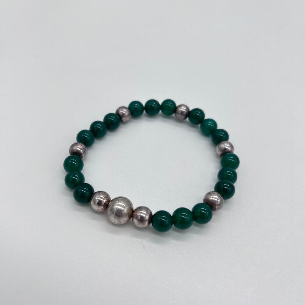 Milor Italy 925 Sterling Silver & Green Beads Beaded Bracelet Magnetic Clasp